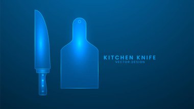 Mutfak bıçağı. Utensiller aletler ve yemek pişirme. Işık efekti ve neonlu vektör illüstrasyonu