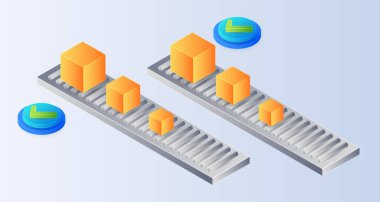Isometric kutuları sınıflandırma, beyaz arka planda paket taşıma. Paket kutusunu alıcıya götür