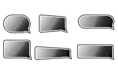 Konuşma baloncukları elementleri yarım ton etkisiyle ayarlar. Siyah noktalar ve pop sanat dokusu. Retro vektör illüstrasyonu