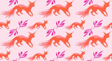 Elle çizilmiş tilki ve orman bitkilerinin kusursuz desenleri. Arkaplan, duvar kağıtları, tekstil ve moda için çiçek desenleri.