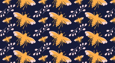 Arka planda çiçekler ve arılar, duvar kağıtları, tekstil ve moda için kusursuz desen.