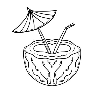 Şemsiyeli hindistan cevizi karikatürü.