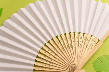 Geleneksel beyaz el yelpazesini yaz modeli için katlıyorum. Yeşil arkaplan