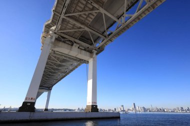 Yokohama bay bridge and Yokohama Minatomirai 21 in Kanagawa, Japan (view from Daikokufuto)