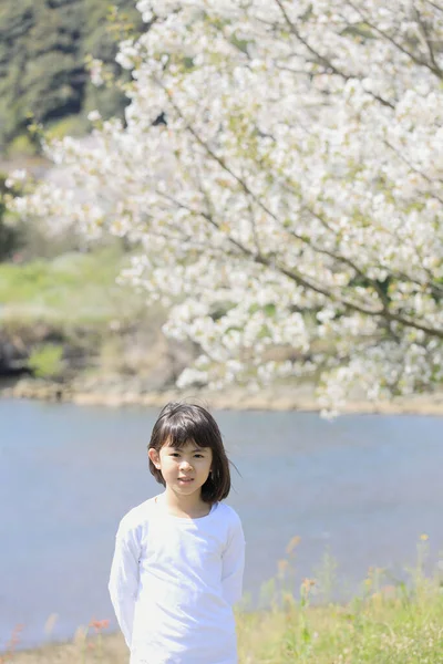 Nehir Kenarında Duran Japon Öğrenci Kız Yaşında — Stok fotoğraf