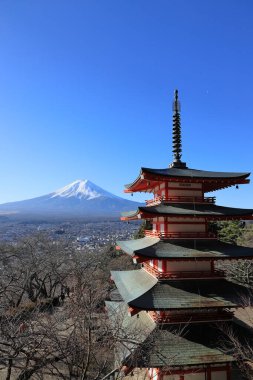 Mt. Fuji ve beş katlı tapınak manzarası, Arakura Yama Sengen Parkı, Japonya