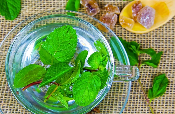 Closeup One Isolated Transparent Tea Glass Cup Fresh Mint Leaves — Stock Photo, Image