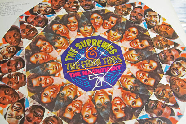 Viersen, Germany - May 9. 2022: Closeup of soul vinyl record motown album cover the magnificent 7 with Supremes and Four Tops in 60s