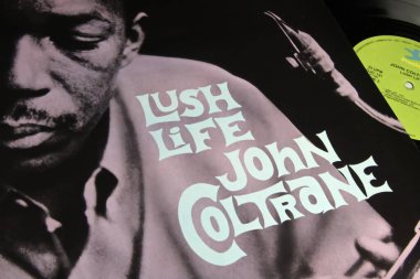 Viersen, Germany - November 9. 2022: Closeup of isolated vinyl record album Lush Life of jazz saxophonist John Coltrane, released 1961