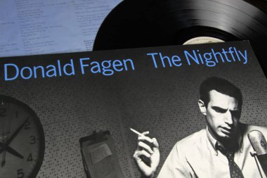 Viersen, Germany - November 9. 2022: Closeup of isolated vinyl record debut album the Nightfly of singer Donald Fagen, released 1982