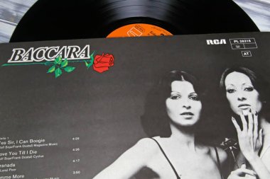 Viersen, Germany - November 9. 2022: Closeup of isolated vinyl record first debut hit album of spanish female disco Duo band Baccara, released 1977