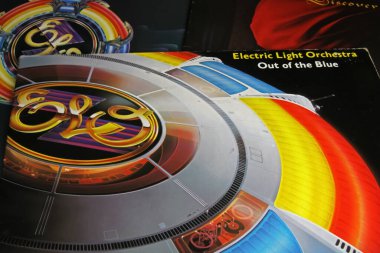 Viersen, Germany - November 9. 2022: Closeup of isolated vinyl record double album Out of the blue of ELO band Electric light orchestra, released 1977
