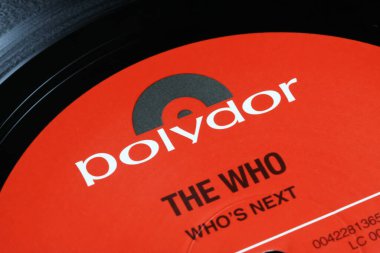 Viersen, Germany - November 9. 2022: Closeup of isolated vinyl record with logo of Polydor records label on the who album
