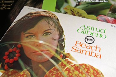 Viersen, Germany - November 9. 2022: Closeup of isolated vinyl record album Beach Samba of brazilian female singer Astrud Gilberto, released 1966