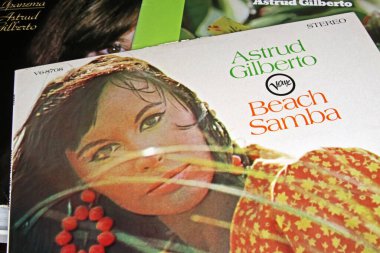 Viersen, Germany - November 9. 2022: Closeup of isolated vinyl record album Beach Samba of brazilian female singer Astrud Gilberto, released 1966