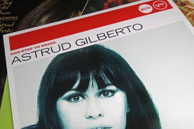 Viersen, Germany - November 9. 2022: Closeup of isolated vinyl record album of brazilian singer Astrud Gilberto