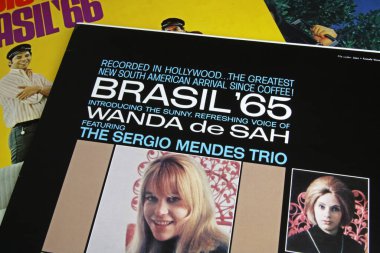 Viersen, Germany - November 9. 2022: Closeup of isolated vinyl record album of brazilian pianist Sergio mendes and female singer Wanda de Sah