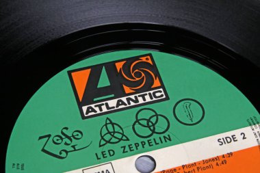 Viersen, Germany - November 9. 2022: Closeup of isolated vinyl record album label with logo lettering of Atlantic Records