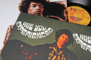 Viersen, Germany - November 9. 2022: Closeup of isolated vinyl record uk cover Are you experienced album of Singer Jimi Hendrix released  1967