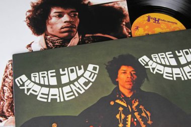 Viersen, Germany - November 9. 2022: Closeup of isolated vinyl record uk cover Are you experienced album of Singer Jimi Hendrix released  1967