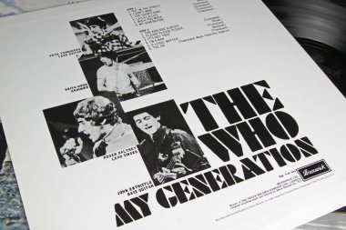 Viersen, Germany - November 9. 2022: Closeup of isolated vinyl record My generation debut album from the Who band, released 1965