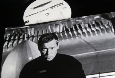 Viersen, Germany - January 1. 2023: Closeup isolated vinyl record cover with music of german TV series spaceship orion from 60s