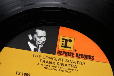 Viersen, Germany - 8. June 2022: Closeup of vinyl record label with logo lettering of reprise records, Frank Sinatra album