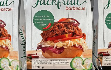 Viersen, Germany - January 9. 2023: Closeup of packet Lotao  jackfruit meat substitute burger in shelf of german store