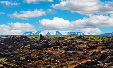 Beautiful icelandic landscape, lava stone field, partly ice capped mountain - Iceland, Highlands