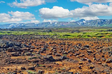 Beautiful icelandic volcanic landscape, lava stone field, grean meadow, mountain range - Iceland, Highlands