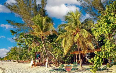 Negril, Jamaika. 24 Mayıs. 2010: Güzel Karayip tropikal dinlendirici beyaz kumsal, palmiye ağaçları, restoran barı