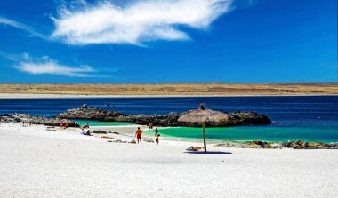 Beautiful tropical white sand beach, deep blue turquoise water, desert background - Bahia Inglesa, Chile, La Piscina
