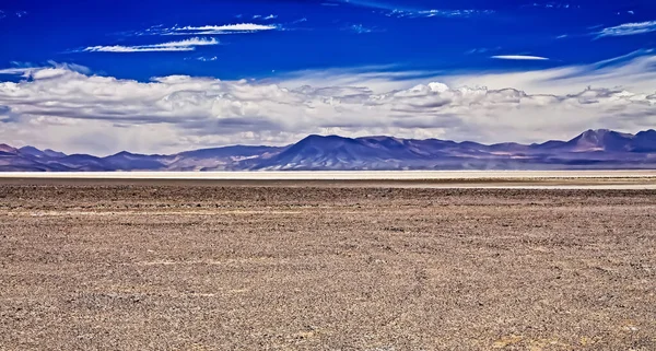干盐湖畔平坦无际的干旱生活 平原干旱 山脉模糊 炎热闪烁 天空阴云密布 智利阿塔卡马沙漠 玛丽昆加 — 图库照片