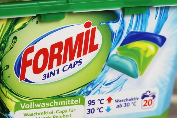 stock image Viersen, Germany - March 9. 2023: Closeup of box Lidl discounter Formil washing detergent caps