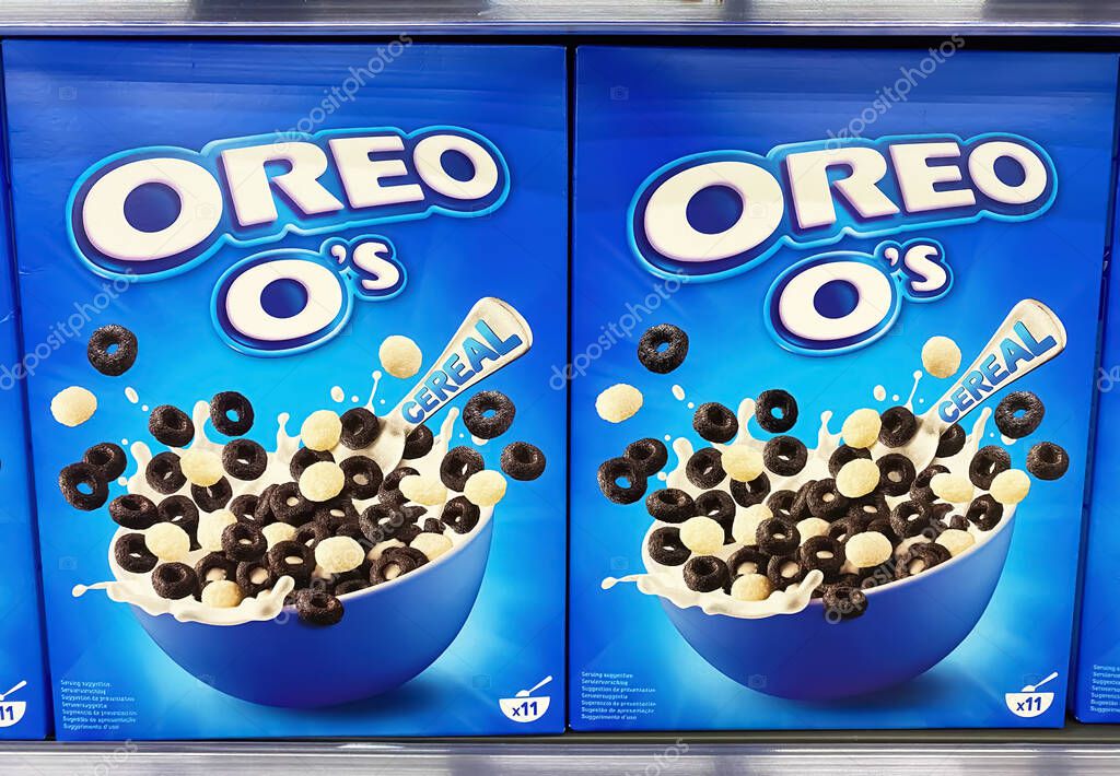 Viersen, Germany - June 9. 2023: Closeup of packages Oreo o` cereal  in shelf of german supermarket