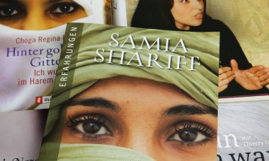 Viersen, Germany - July 9. 2023: Closeup of isolated female biography book cover with portrait of a veiled woman, Samia Shariff