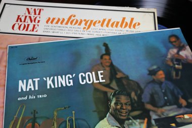 Viersen, Almanya - 9 Temmuz. 2023: Amerikalı caz piyanisti ve şarkıcı Nat King Cole 'un plak koleksiyonu