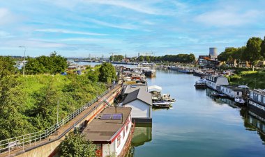 Maasbracht, Hollanda - 15 Eylül. 2023: Maas Nehri 'nde limanı olan Hollanda şehrinin silüeti