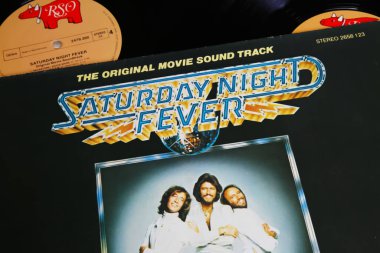 Viersen, Germany - March 9. 2023: Closeup of vinyl record cover with soundtrack of saturday night fever disco dance movie from 1977