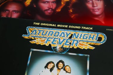 Viersen, Germany - March 9. 2023: Closeup of vinyl record cover with soundtrack of saturday night fever disco dance movie from 1977
