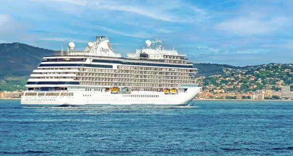 stock image St. Tropez, France - June 9. 2016: Large luxury cruise ship Regent seven seas explorer in mediterranean sea bay on cote d azur cruise