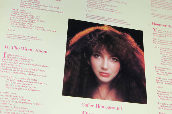 Офесен, Германия - 9 мая. 2023: Крупный план британской певицы Кейт Буш виниловая пластинка рукав Lionheart с 1978 года с текстами песен