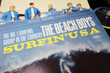 Viersen, Germany - May 9. 2023: Closeup of the beach boys band vinyl record album cover surfin USA clipart