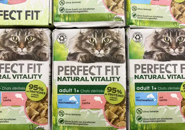 Viersen, Almanya - 9 Ocak. 2024: Paketlerin kapatılması Mükemmel Uyumlu kediler Alman süpermarketinin rafında kuru gıdalar besliyor