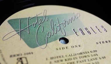 Viersen, Germany - January 9. 2024: Closeup of The Eagles band vinyl record album label of the year cover Hotel California from 1978 clipart