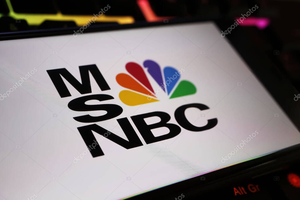 Viersen, Germany - January 9. 2024: Closeup of mobile phone with logo lettering of MSNBC news channel on computer keyboard