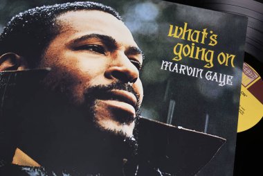 Viersen, Almanya - 9 Ocak. 2024: Şarkıcı Marvin Gaye 'in kapanışı Vinil albüm kapağı 1971' den Ne Gidiyor