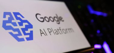 Viersen, Almanya - 1 Mart. 2024: Bilgisayar klavyesinde Google Al bulut platformunun logo harfleriyle akıllı telefon ekranının kapatılması