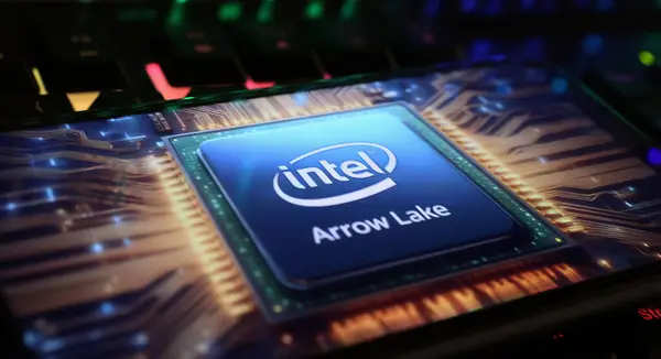 Viersen, Almanya - 1 Mart. 2024: Bilgisayar klavyesinde Intel ok gölü işlemcisinin logo harfleriyle akıllı telefon ekranının kapatılması