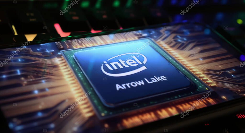 Viersen, Germany - March 1. 2024: Closeup of smartphone screen with logo lettering of Intel arrow lake CPU on computer keyboard